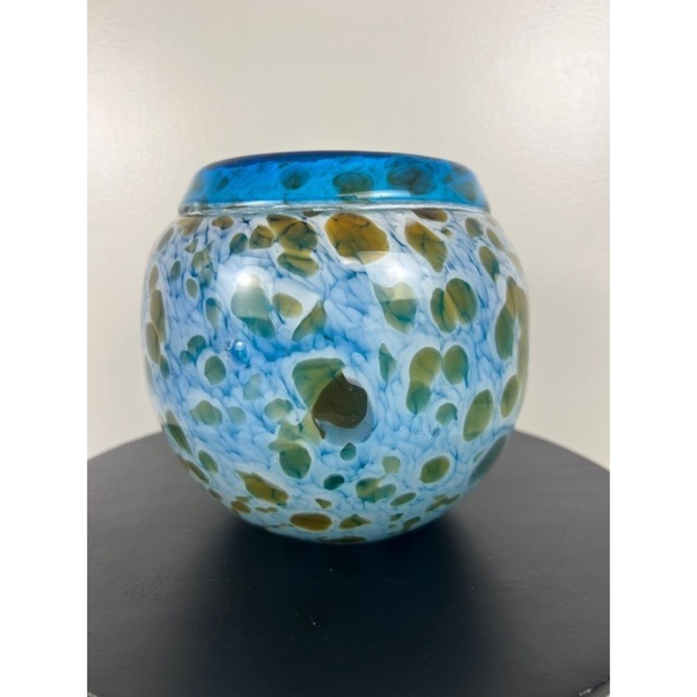 Murano Style Hand Blown Art Glass Vase Blue Speckled Gold Aventurine Rounded 6in